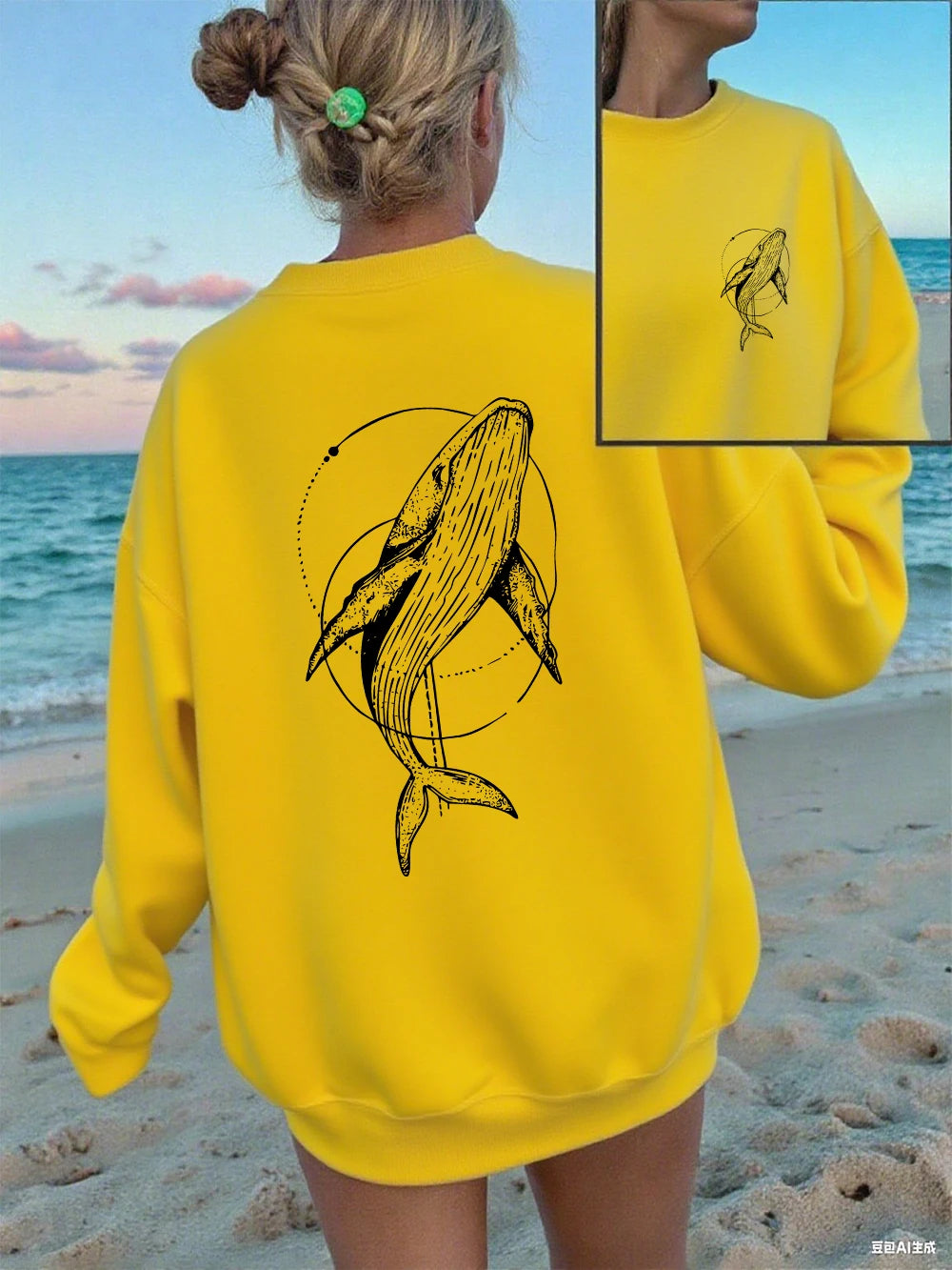 Humpback Whale Printing Sweatshirts Women Casual Crewneck Hoodies Winter Fleece Warm Pullover Loose Comfortable Womans Clothes.