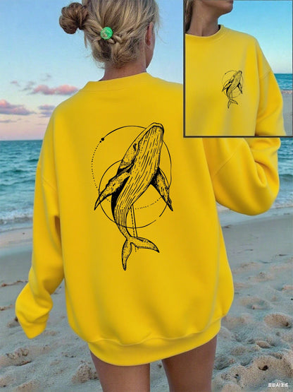 Humpback Whale Printing Sweatshirts Women Casual Crewneck Hoodies Winter Fleece Warm Pullover Loose Comfortable Womans Clothes.