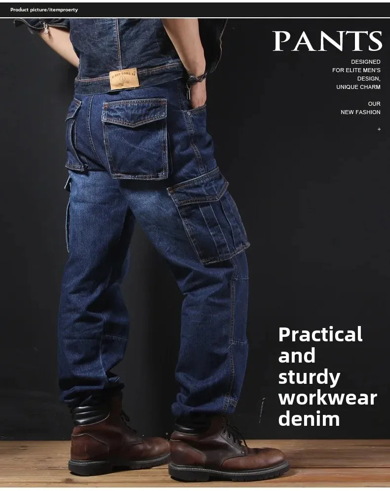 Men's Autumn/Winter Multi-Pocket Straight-Leg Cargo Pants Loose Fit Plus Size Plus Beefy Jeans Casual Comfortable Denim Trousers.