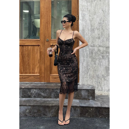 Sexy Spitzen riemen Kleid elegant für Frauen Sommer neue hohe Taille schlank gewickelt Hüfte mittellanges Kleid Mode Spitze süß 626x.