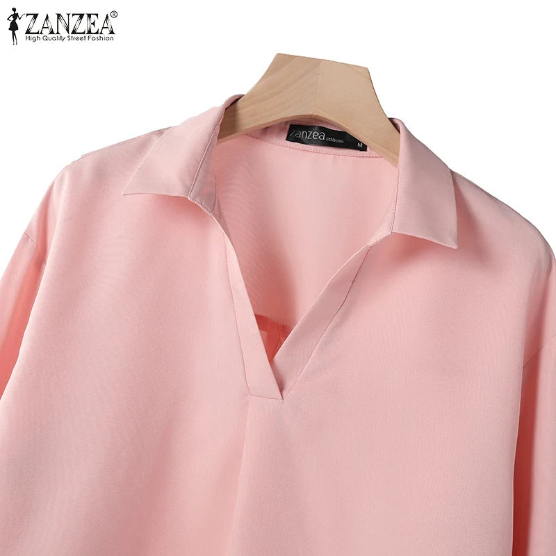 ZANZEA Fashion Women Casual Trousers Suits 2PCS Autumn Long Sleeve Blouse Solid Wide Leg Pants Sets Loose Work Tracksuit Outifit