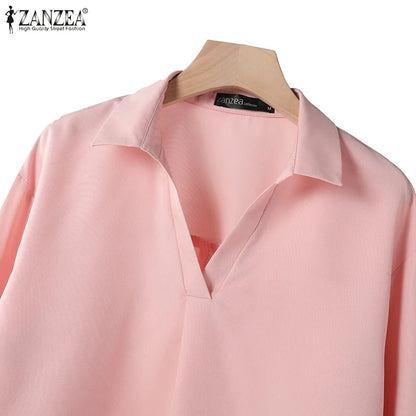 ZANZEA Fashion Women Casual Trousers Suits 2PCS Autumn Long Sleeve Blouse Solid Wide Leg Pants Sets Loose Work Tracksuit Outifit