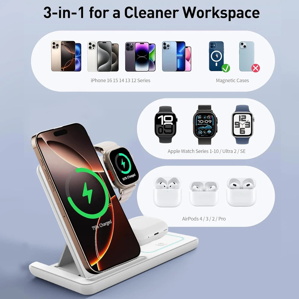 100W Foldable 3 in 1 Night Light Wireless Charger Stand For iPhone Apple Watch 2-8 SE Airpods Pro Fast Charging Station.