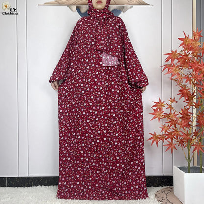 New Muslim Long Sleeved Cotton For Women Ramadan Prayer Turkey Middle East Femme Robe Floral Loose African Abaya Dress Scarfs