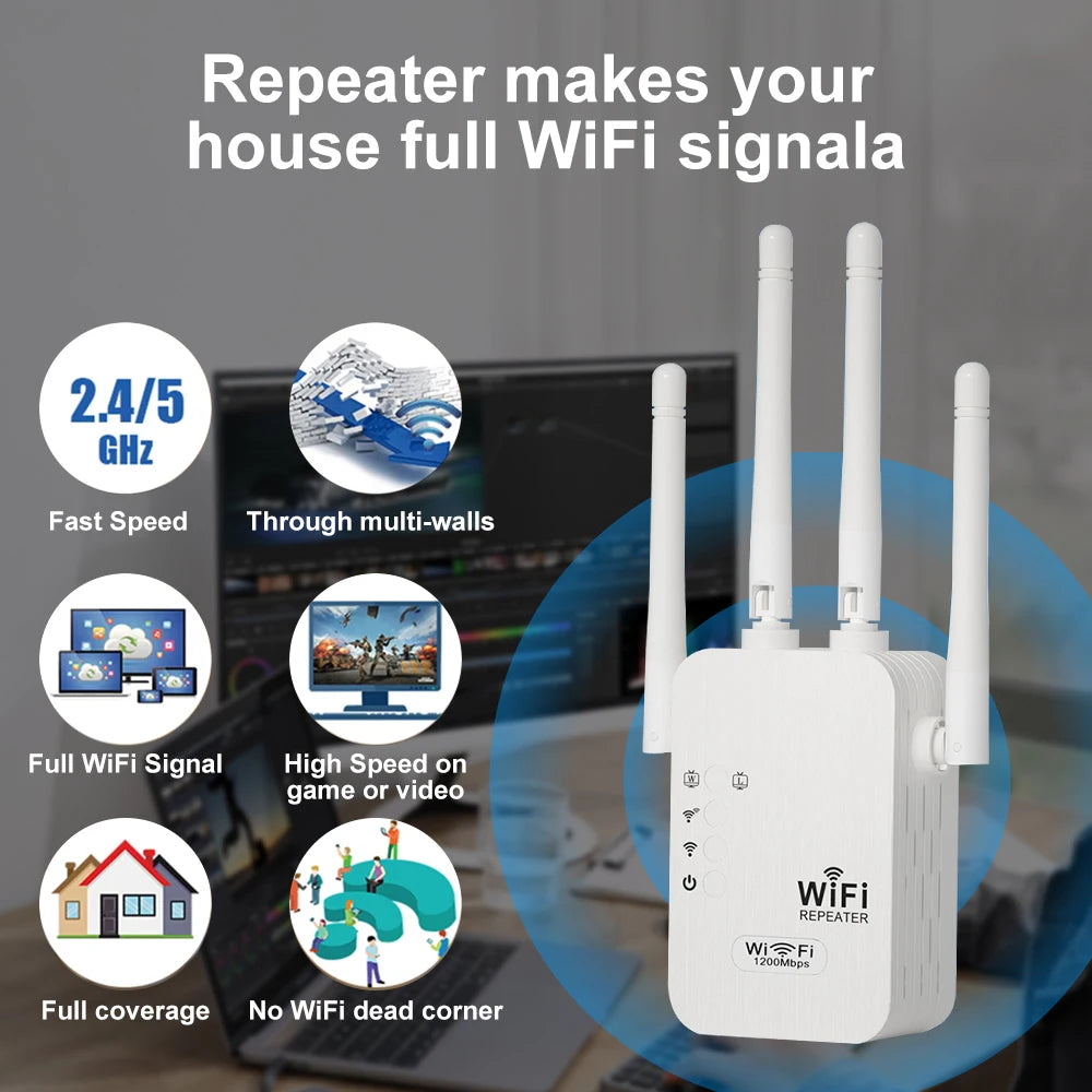 1200Mbps 5G Wireless WiFi Repeater 300Mbps 2.4G WiFi Extender Network Signal Booster Long Range WiFi Booster for Small Office.