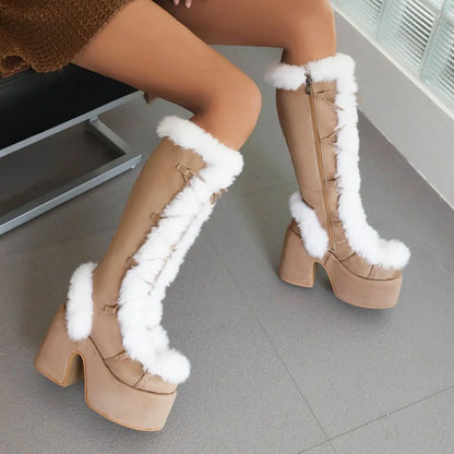 GIGIFOX Fur Super Chunky High Heel Platform Mid-Calf Boots For Women Faux Suede Round Toe Side Zipper Lace-Up Warm Casaul Boots.