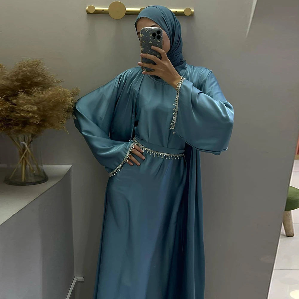 Ramadan Kebaya Chain Satin Kimono 2 Piece Abaya Set Turkey Islam Dress Muslim Sets Abayas For Women Robe Femme Musulmane Kaftan.