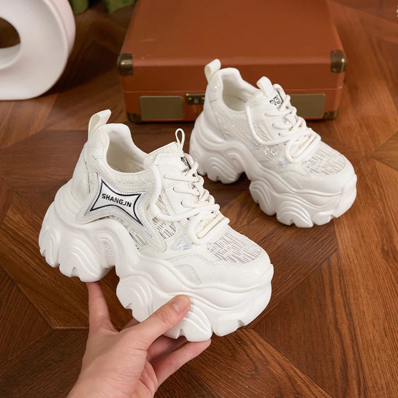 AUTUSPIN 10cm Pink Thick Soled Shoes for Summer Women Breathable Lace-up Ladies Sneakers Outdoor Casual Fashion Platform Shoes