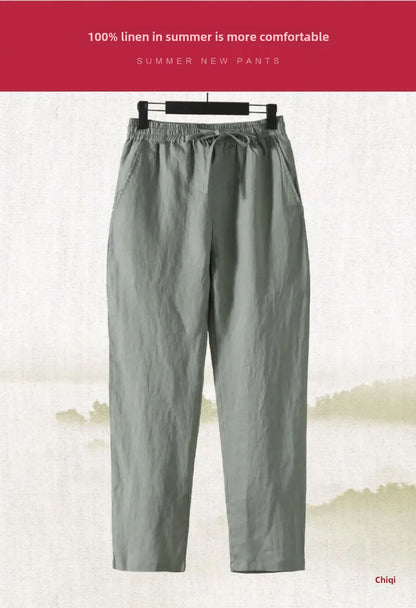 Casual Men's Linen Pants Loose Fit Cotton Linen 3/4 Length Pants Chinese Style Men's Material.