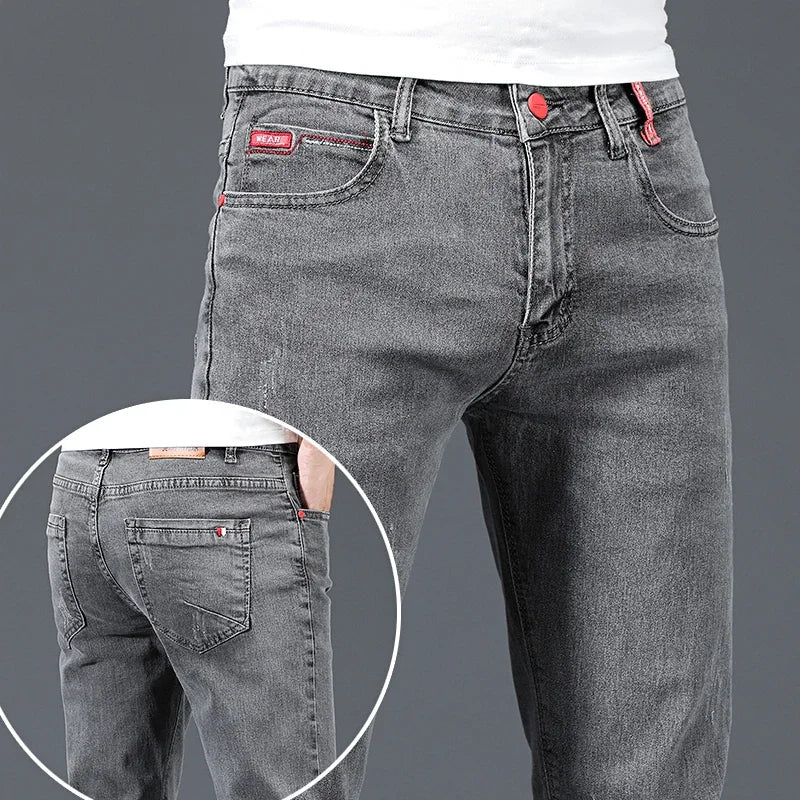 2024 New Men's Cotton Business Casual Skinny Jeans Trendy Fashionable Stretch Straight Slim Denim Trousers Male Blue Grey.