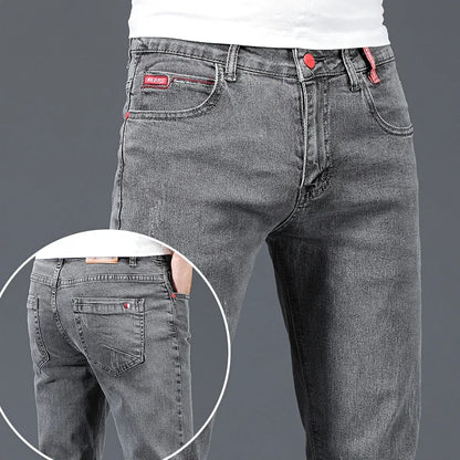 2024 New Men's Cotton Business Casual Skinny Jeans Trendy Fashionable Stretch Straight Slim Denim Trousers Male Blue Grey.