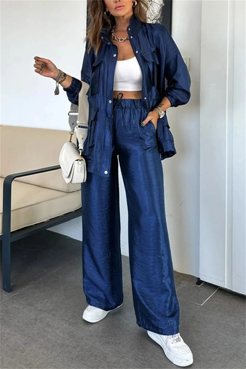 Streetwear 2 Piece Sets Women Outfit Spring Clothes Women 2025 Solid Pocket Jacket Top and Pant Sets Safari Style Tracksuits Set.