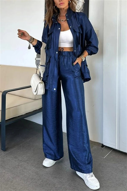 Streetwear 2 Piece Sets Women Outfit Spring Clothes Women 2025 Solid Pocket Jacket Top and Pant Sets Safari Style Tracksuits Set.
