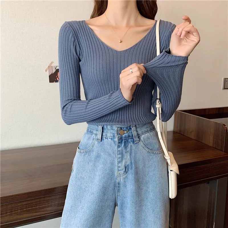 2025 einfarbig Schlank Pullover Koreanische Herbst Winter V-ausschnitt Pullover Mode Lässig Langarm Gestrickte Pullover Frauen Kleidung