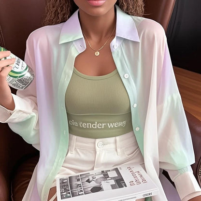 See-through Irregular Gradient Rainbow Long Sleeved Shirt And Blouses Thin For Women Clothes Loose Top Pink Casual Fashion Trend.