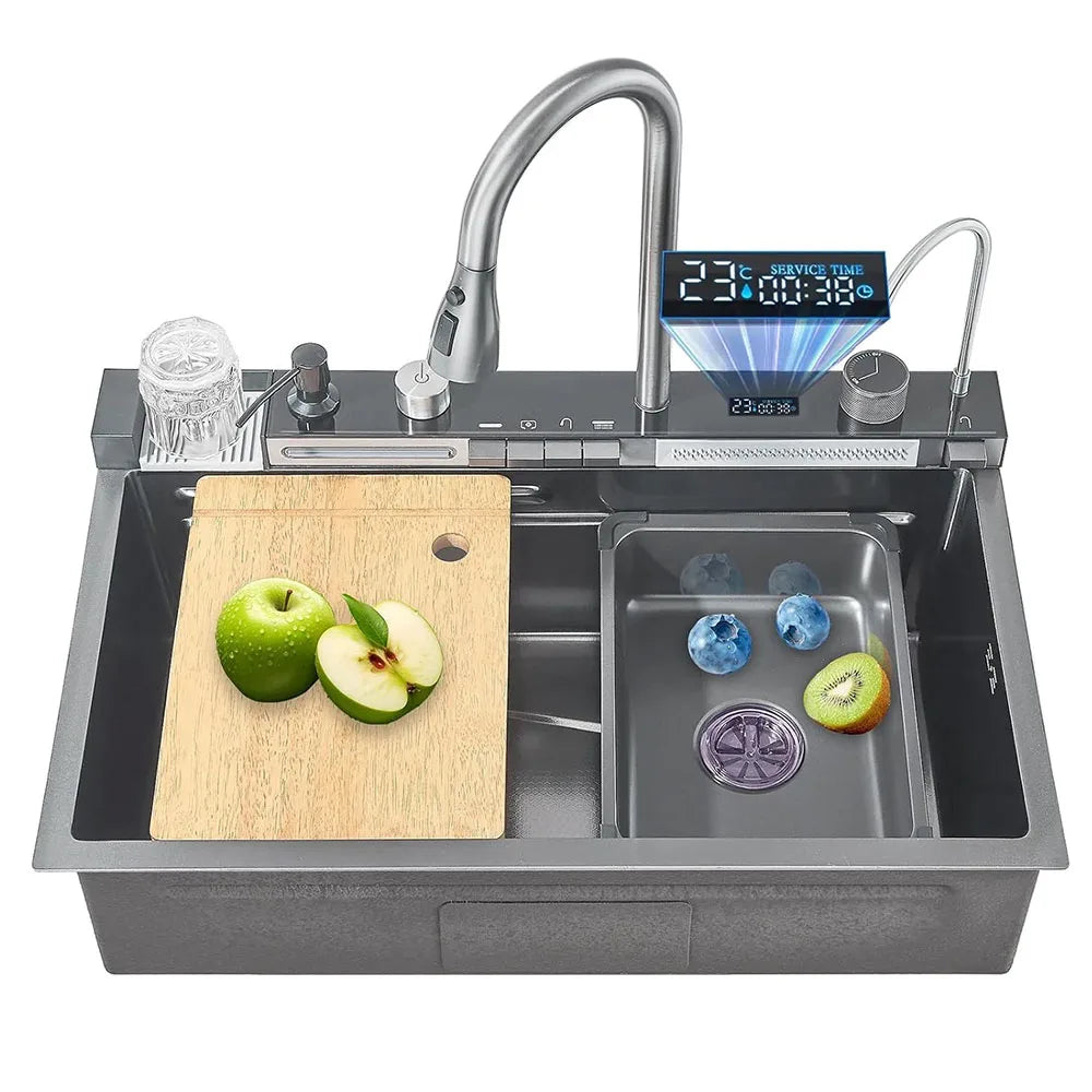 Multifunktionales, intelligentes Wasserfall-Küchenspülbecken aus Edelstahl mit integriertem Digitalanzeige, großes Küchenspülbecken mit einem Schlitz