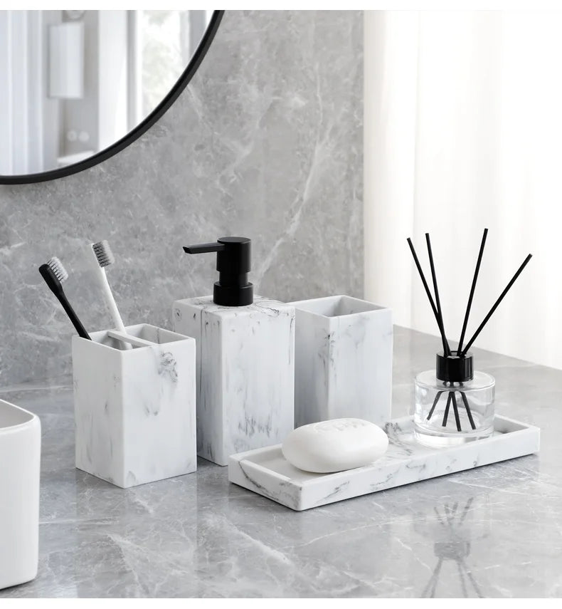 Bathroom Accessories Complete Marble Pattern Lotion Soap Dispenser,Toothbrush Holder,Tumbler,Tray Resin material Black white.