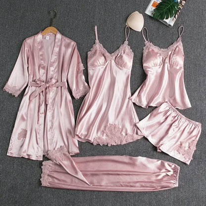 5-teiliges Set Damen-Nachtwäsche, sexy Seiden-Nachthemd, Spitzen-Satin-Nachthemd, Weste mit V-Ausschnitt, atmungsaktiv, bequemes Damen-Nachthemd
