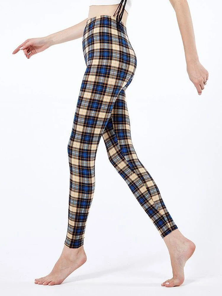 CUHAKCI Mode Plaid Druck Leggings Frauen Sexy Fitness Leggins Grid Floral Streifen Hosen Hohe Taille Bleistift Hosen