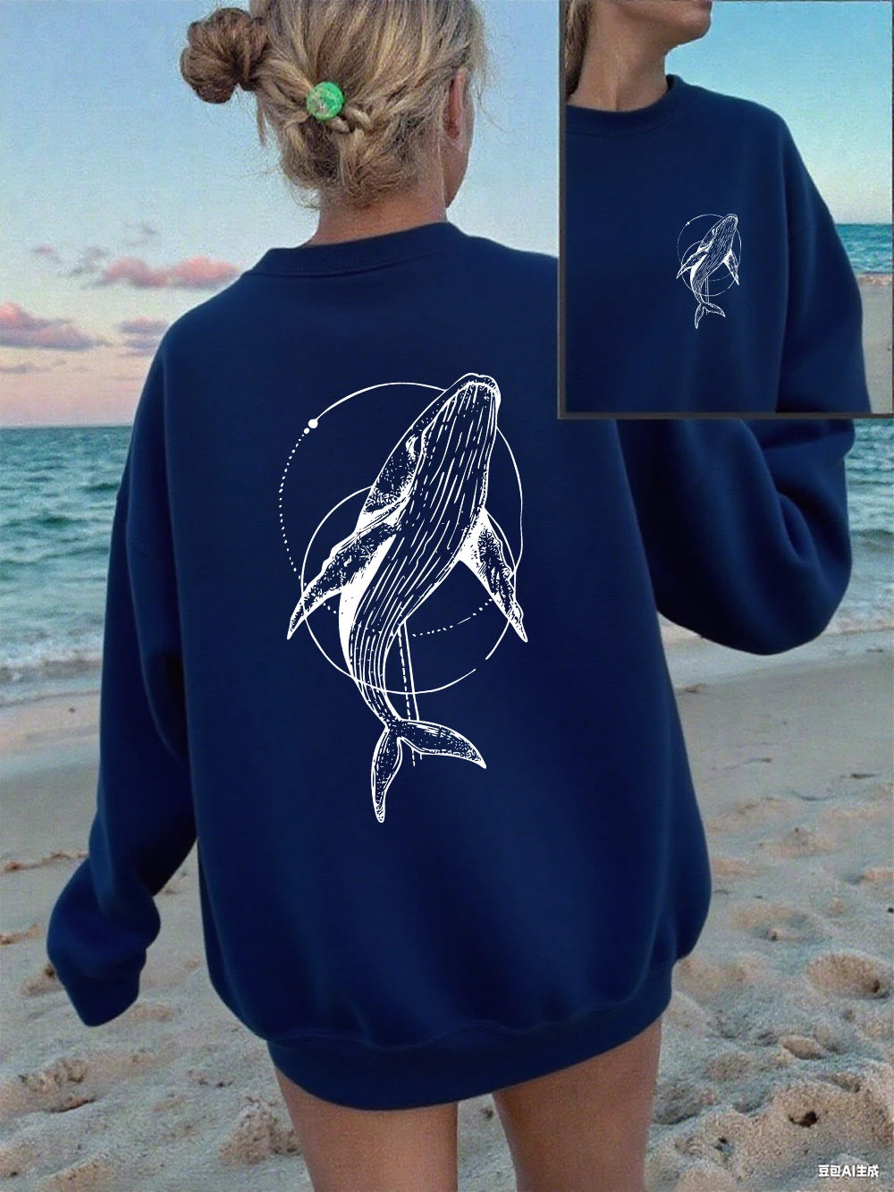 Humpback Whale Printing Sweatshirts Women Casual Crewneck Hoodies Winter Fleece Warm Pullover Loose Comfortable Womans Clothes.
