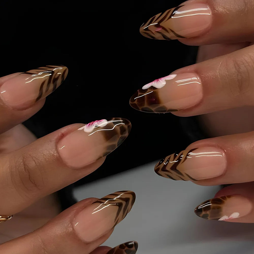 24pcs French Almond Press on Nails Leopard Print False Nails 3D Bow Wearable Stick-on Nails Fake Nail Uñas Накладные Ногти 네일팁.