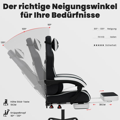 SUKIDA Ergonomischer Racing-Gaming-Stuhl, verstellbar, drehbar, mit Kopfstütze und Lordosenstütze für Büro und Gaming