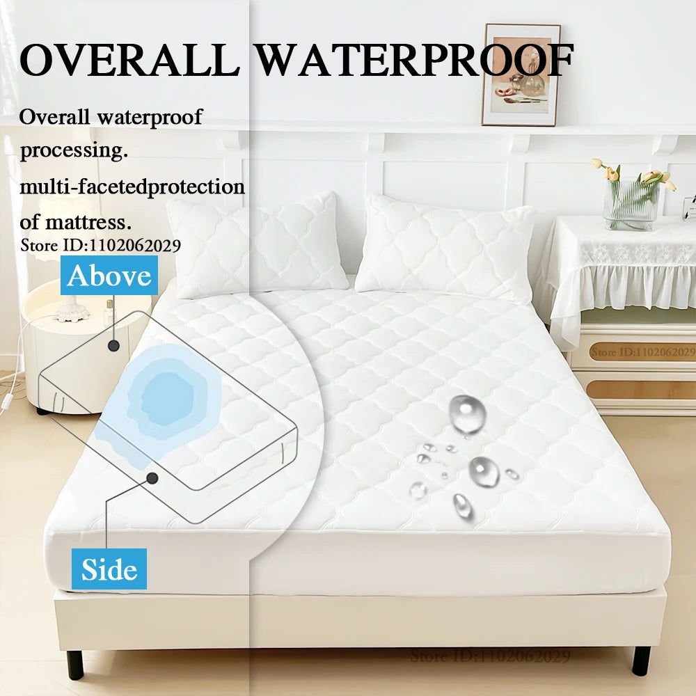 Waterproof Throw Mattress Cover Bed Fitted Sheet Mattress Bedspread Protector Pads Single/Double/King/Queen Full Size Gray/White.