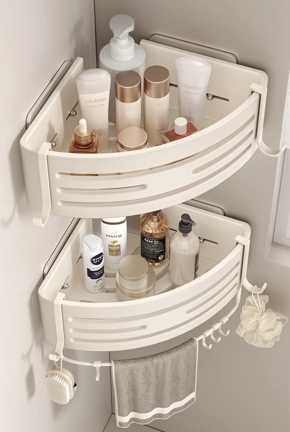 Weiße Badezimmerregale mit Handtuchhalter und Haken, Shampoo-Make-up-Aufbewahrungsorganisator, selbstklebendes, an der Wand montiertes Dusch-Eckregal