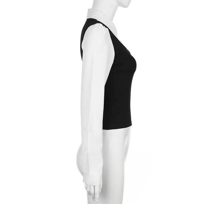 Fashionable and minimalist college style contrasting color lapel fake two piece T-shirt versatile short sleeved top.