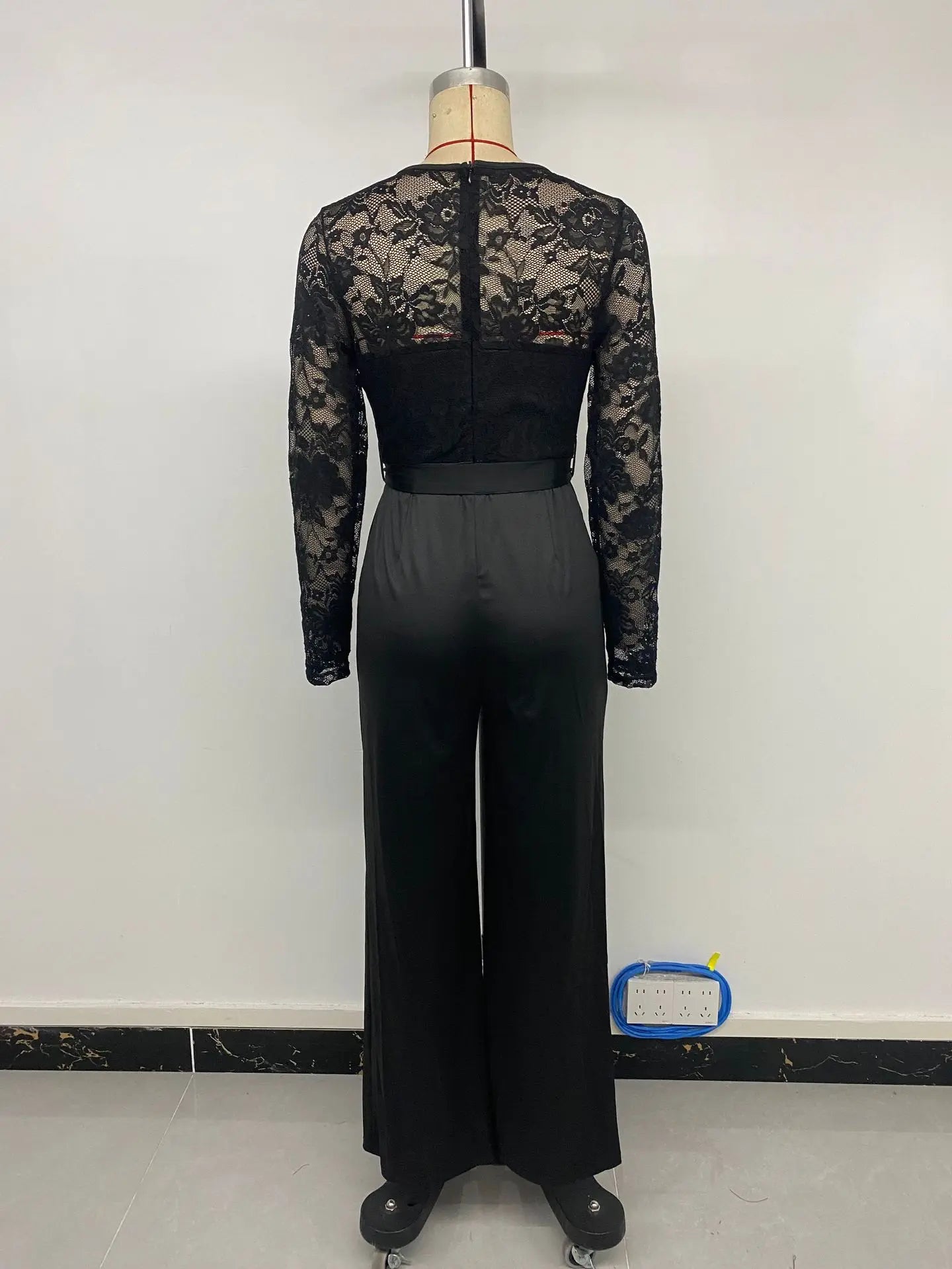 Woman Black Lace Sleeve Jumpsuit Round Neck Belted Waist Ideal for Evening Parties and Cocktail Events