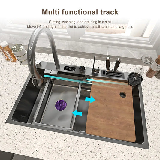 Küchenspüle, Wasserfallspüle aus Edelstahl, Digitalanzeige, große Einzelschüssel mit Multifunktions-Wasserfall-Wasserhahn, Waschbecken