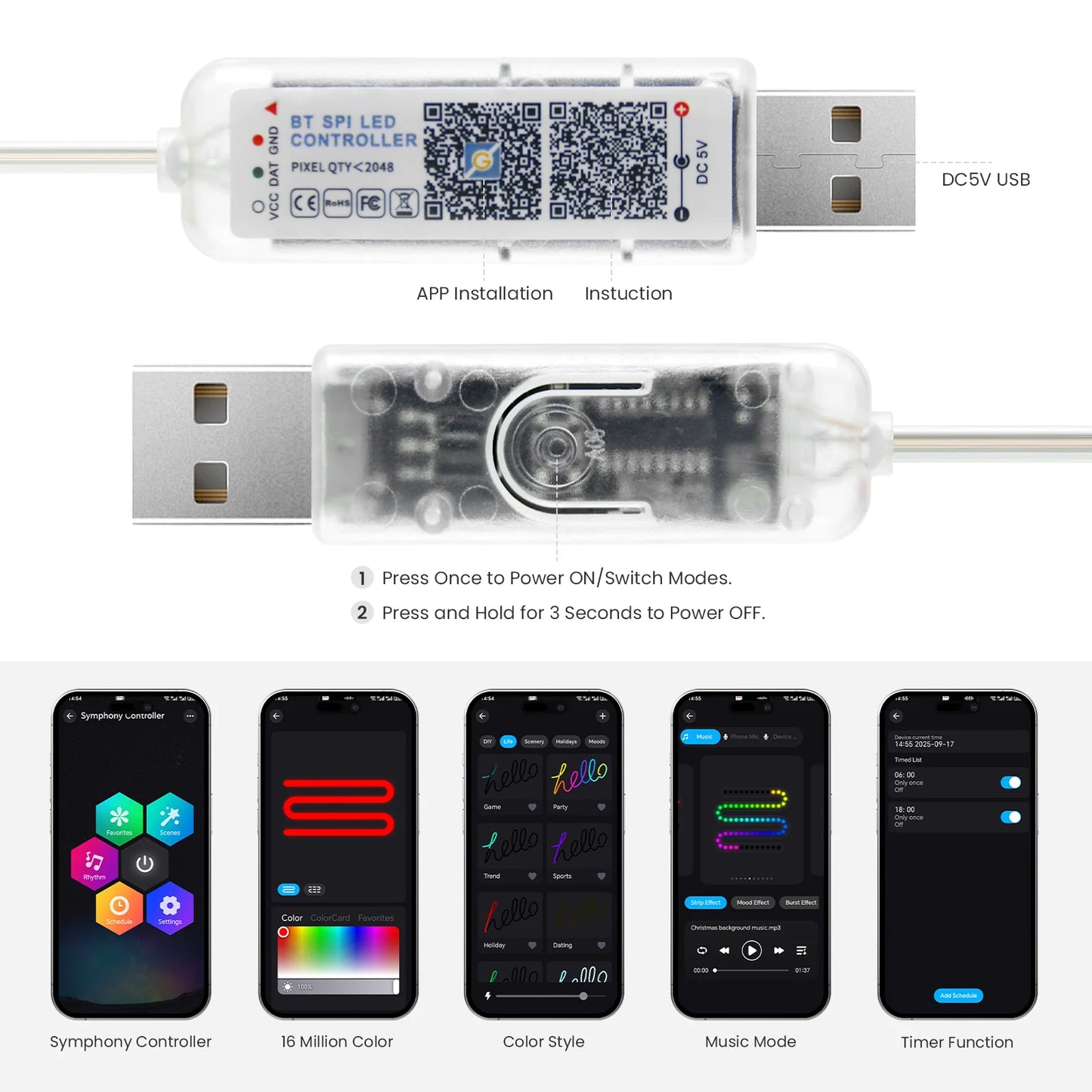 DC5V USB RGB LED Round Neon Light Strip Music Sync Control with App/Remote Addressable Lamp IP67 Waterproof for Indoor Outdoor.