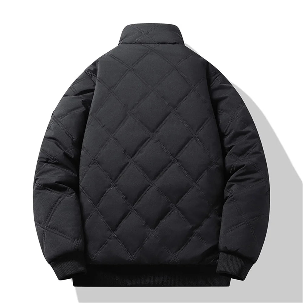 New Windproof Thermal Diamond-Quilted Cotton Jacket Winter Men's Fleece-Lined Thickened Cuff Design Stand-Up Collar Jacket.