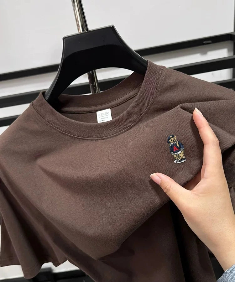Light luxury 100% cotton men's T-shirt short sleeve round neck skin friendly comfort fashion brand cartoon bear embroidered top