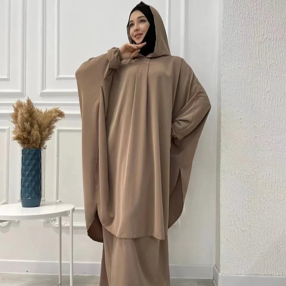 Eid Hooded Abaya 2 Piece Set Long Hijab Khimar Muslim Women Dress Prayer Jilbab Ramadan Gown Abayas Skirt Sets Islamic Clothes.