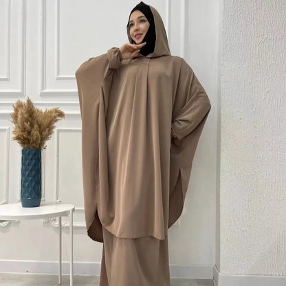 Eid Hooded Abaya 2 Piece Set Long Hijab Khimar Muslim Women Dress Prayer Jilbab Ramadan Gown Abayas Skirt Sets Islamic Clothes.