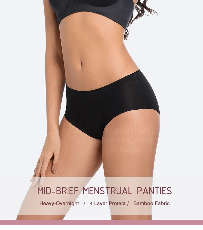 Women's Physiological Briefs Bamboo Fiber Super Absorption Mid-waist Menstrual Panties 4-Layer Leakproof    Protection.