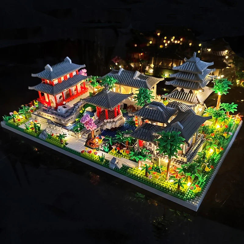 Lezi Architecture Ancient Pavilion Temple Tower Lake Garden Gate LED Light Model Mini Diamond Blocks Bricks Building Toy no Box.
