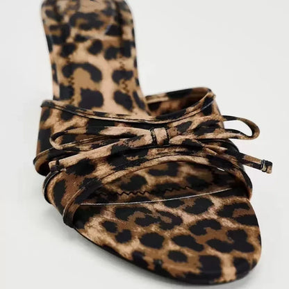 2025 New European and American High Quality Women Shoes Bow Knot Leopard Print High Heel Slippers Women Slippers.