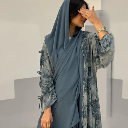 Ramadan Eid Tie Dye Butterfly Bow Muslim Modest Kimono Abaya Damen Dubai Luxury Islam Women Kebaya With Hijab Kaftan Robe Femme.
