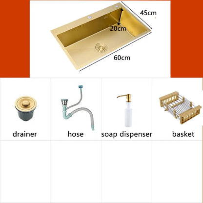 Goldene Küchenspüle über der Theke, Einzelschüssel aus Edelstahl 304, Goldkorb, Abtropffläche, Seifenspender, Waschbecken