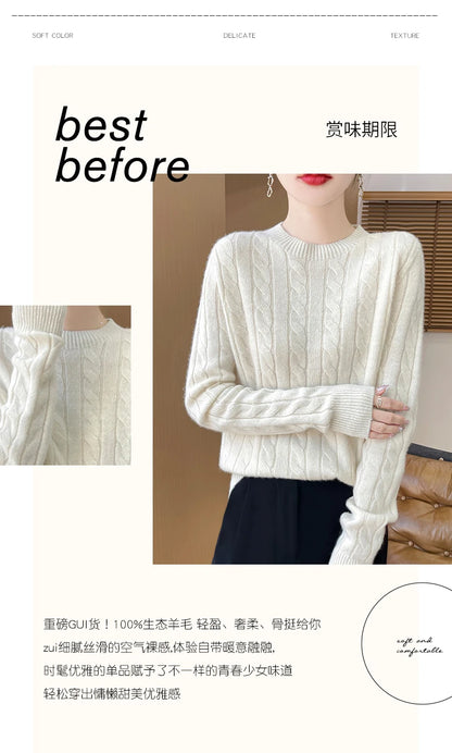 Frauen 100% Merino Wolle Verdickung Pullover Oansatz Gestrickte Twisted Pullover Herbst Winter Kaschmir Langarm Kleidung Basis Tops.