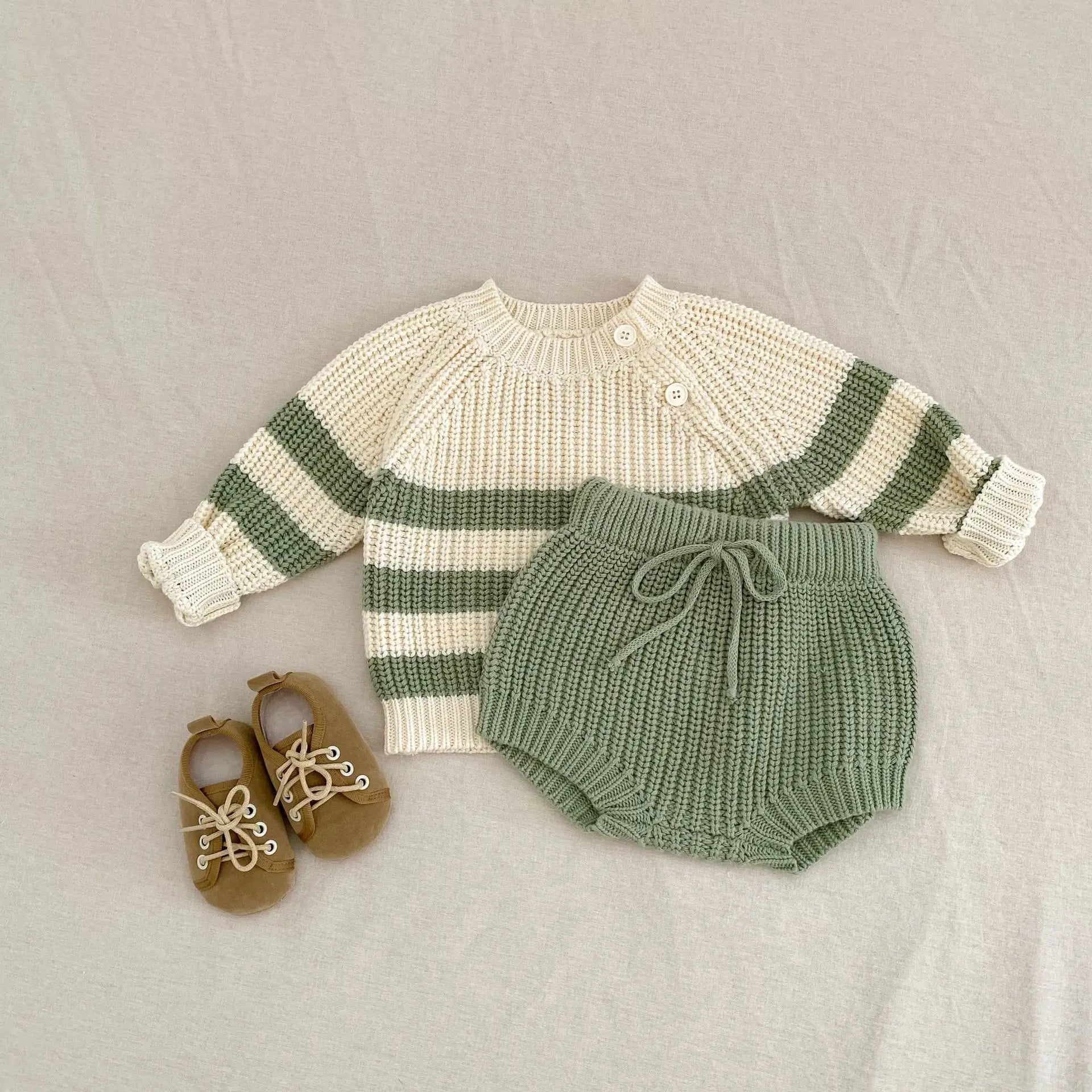 Baby-Pullover für Herren und Damen, neue Herbst-Stile für Säuglinge und Kleinkinder, gestreifte Strickoberteile und Hosen-Sets.