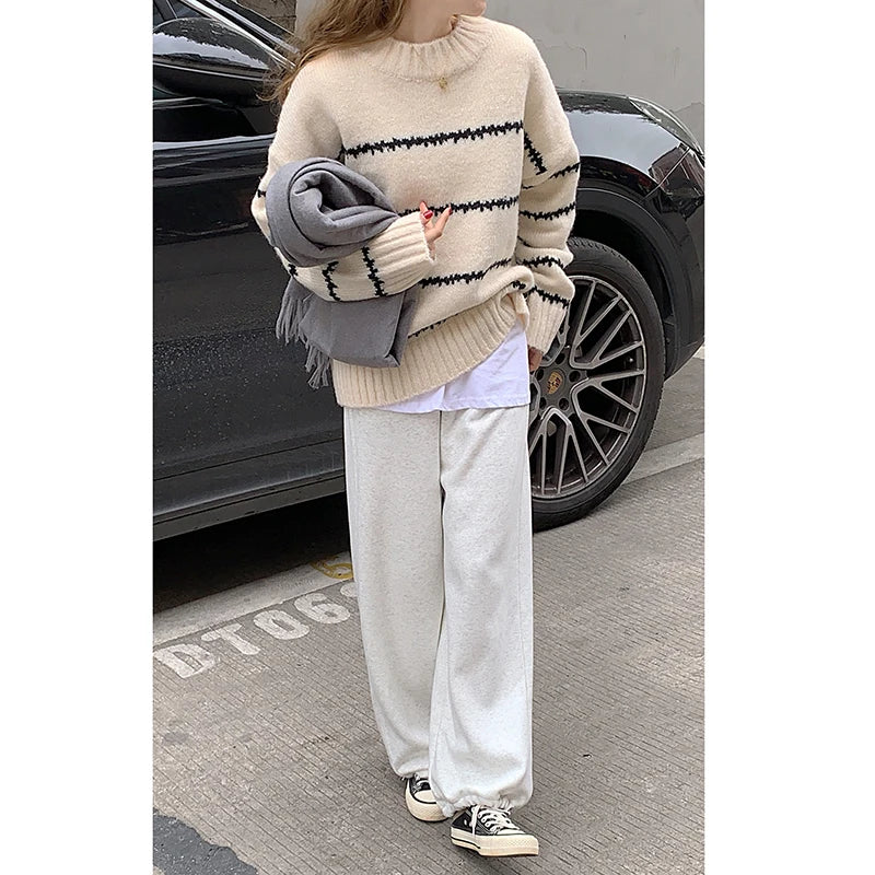 Herbst Winter Gestreiften Pullover Pullover Frauen Gestrickte Shirts Lange Hülse Lose Mock Neck Outwear Casual Pullover Tops Strickwaren