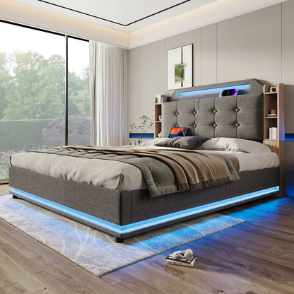 140*200cm Polsterbett mit LED-Lichtleiste und mehreren Ablagefächern, für Schlafzimmerwäsche, Beige (ohne Matratze)