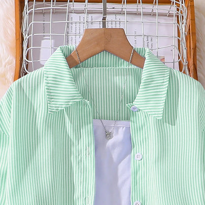 Spring Hot Sale Kids Outfit 4-12 Years Girls Striped Long Sleeve Chemise + Casual Loose Straight Leg Pants Shirt Suit 2Pcs Set