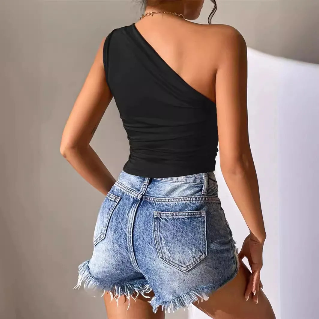 Sexy One Shoulder Ruched Asymmetrical Hem Top Women Summer Casual Solid Color Pleated Sleeveless Tee Top Streetwear Y2K.