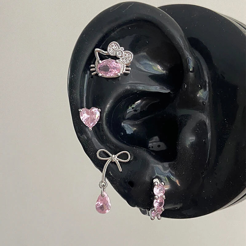Cute Pink Zircon Cat Stainless Steel Ear Bone Nail Water Droplet Pendant Small Earrings for Women Cochlear Puncture Accessory.