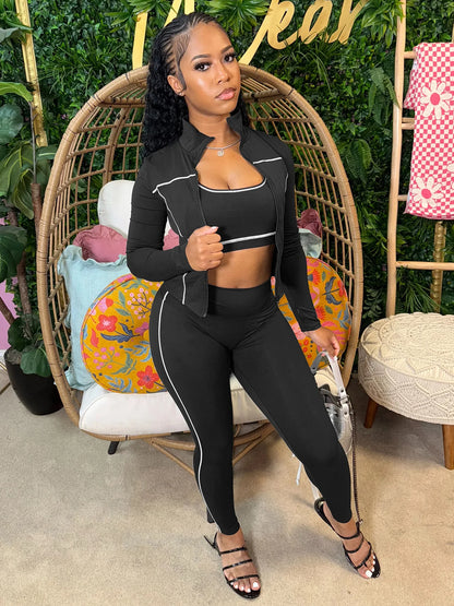 Weird Puss Casual 3 Piece Set Women Tracksuit Elastic Vest+Zip Jacket+Leggings Matching Street Sporty Fitness Street Shapewear.