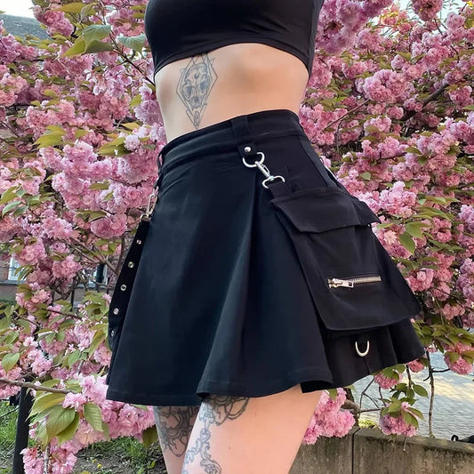 Harajuku Punk Gothic Black High Waist Black Skirts Women Sexy Patchwork Bandage Mini Female Streetwear Black Skirt.